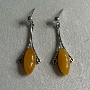 Vintage 925 Sterling Silver Oval Yellow Amber Dangly Drop Earrings